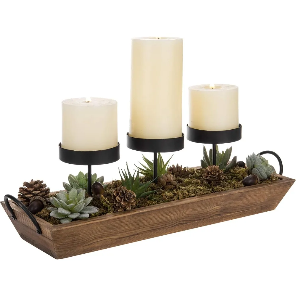

3-Pillar Black Metal Candle Holder with Rustic Wood Tray and Handles, Tabletop/Mantel Centerpiece