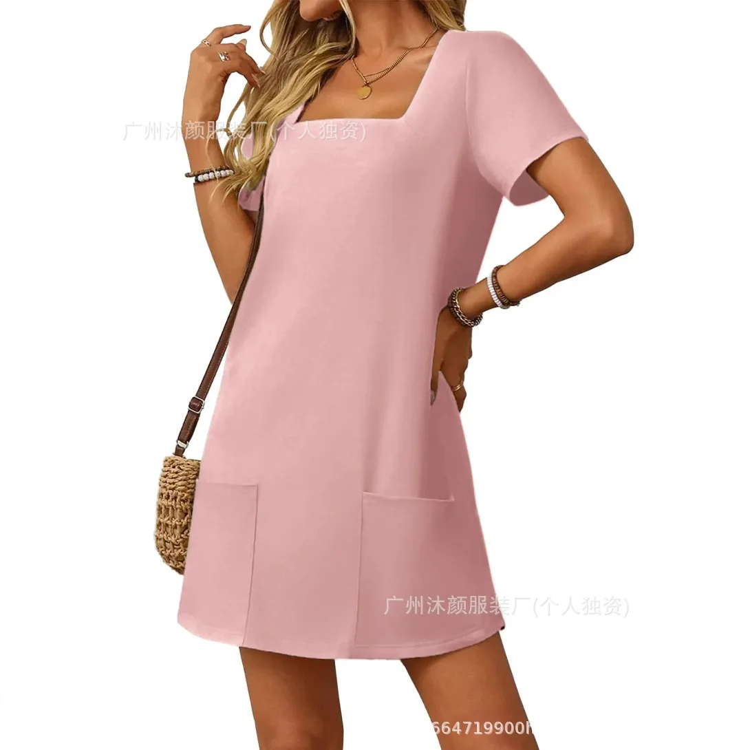 

Summer New Women's Dress Square Neck Short Sleeve Fashion Short Pocket Casual Comfortable Solid Color Dress