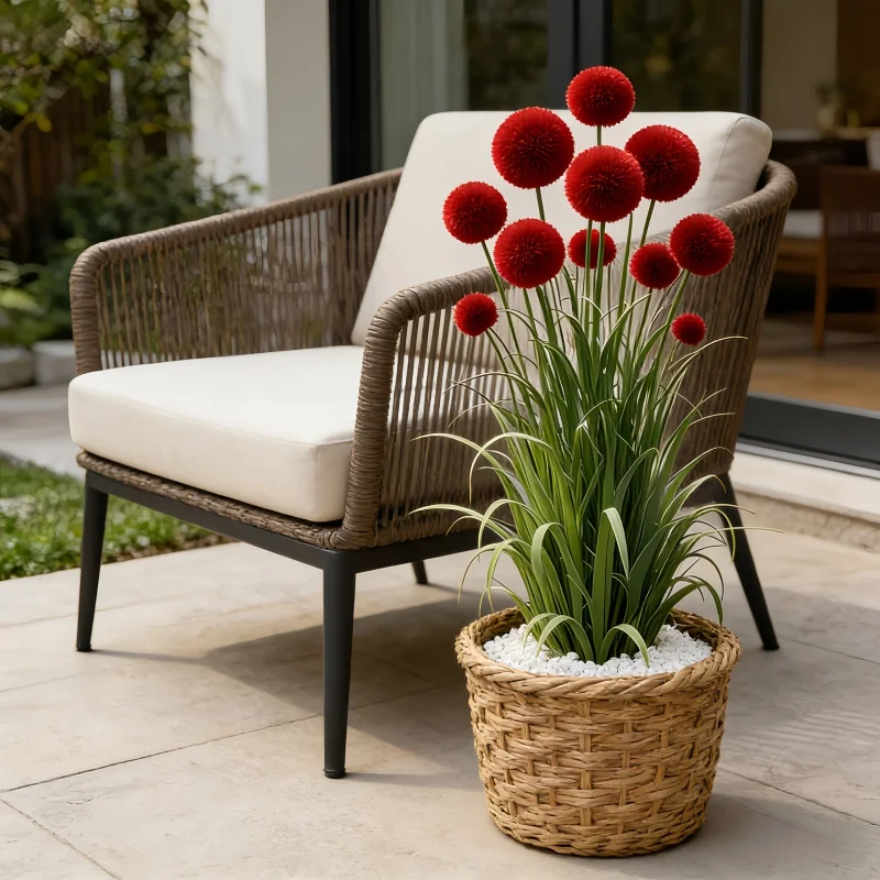 4 Pieces = 12 Stems, Vase Not Included. Artificial Simulated Reed Ball-Stem Grass, Realistic Red Ball Flowers, Suitable for Indoor and Outdoor Decoration, Perfect for Home, Hotel, Office, Weddings, Parties, Home Gardens, Porches, Cottages, Courtyards, Cafes, Very Suitable for Mother's Day, Father's Day, Earth Day, May 5Th, Graduation Season - view 6