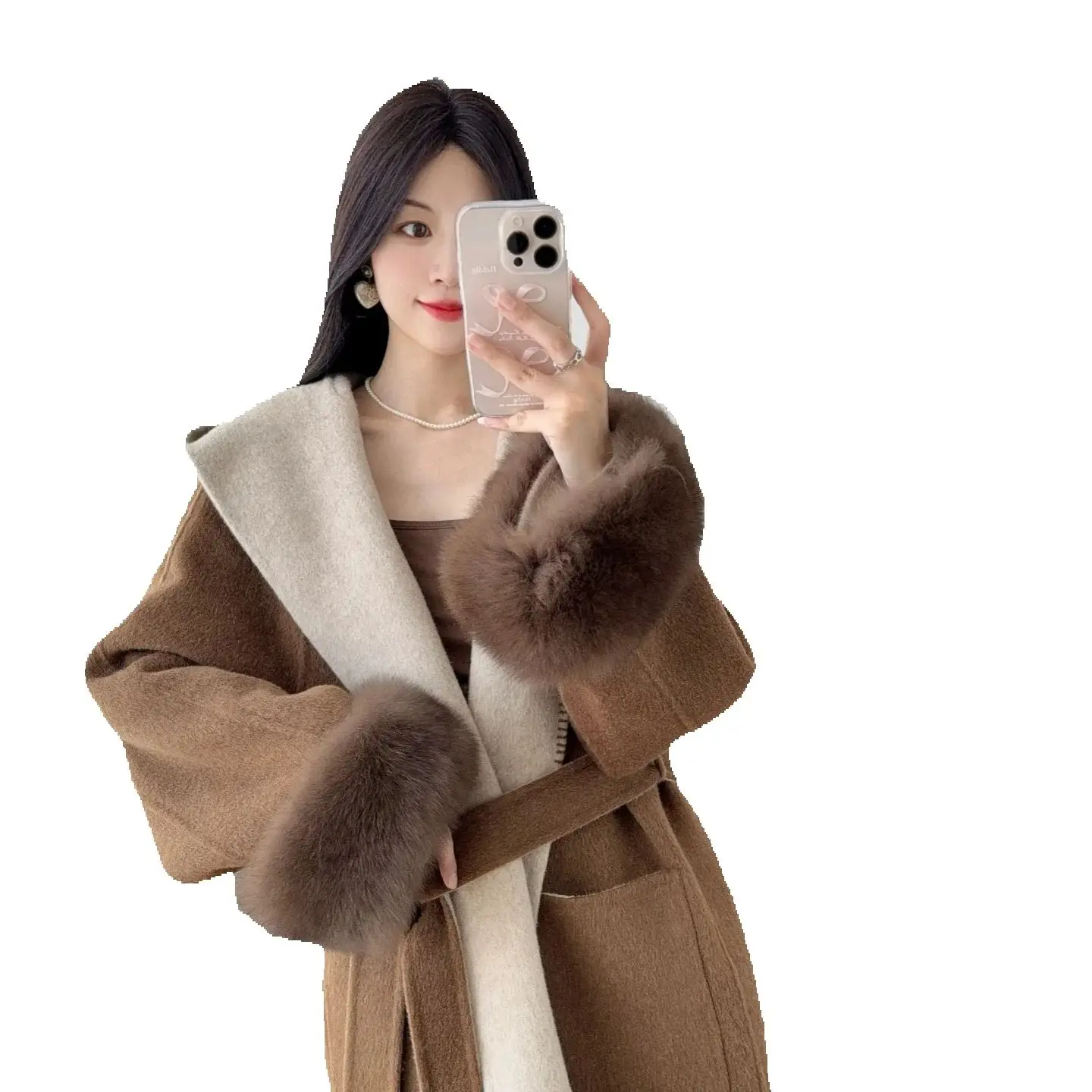 Featuring Women's double-sided fox fur woolen overcoat with hooded jacket, color-blocked cuffs on the AB side