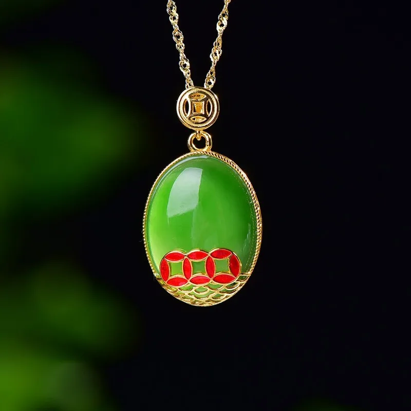 S925 Silver Inlaid With Hetian Jade And Jasper Cabochon Enamel Fortune Pendant, Ethnic Style, Exquisite And Fashionable