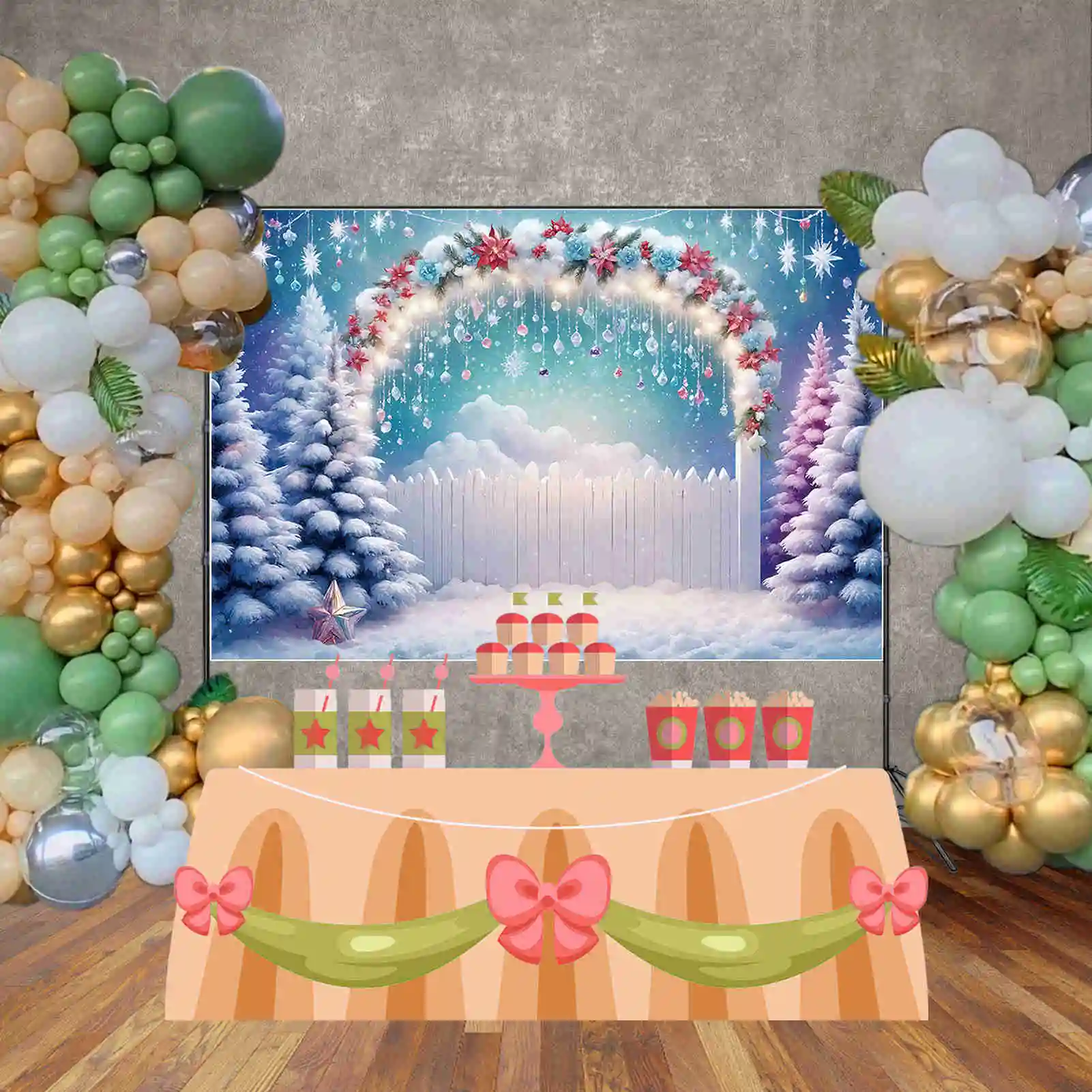 MOON.QG Christmas Tree Arch Christmas Trees Backgrounds Snow Winter Wood Fence Pine Frozen Backdrops Party Photozone Accessories