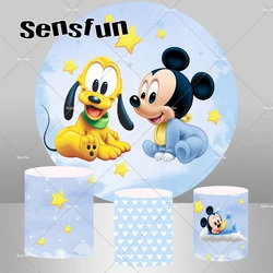 Light Blue Baby Mickey Mouse Round Backdrop Cover for Boys Newborn Baby Shower 1st Birthday Party Stars Clouds Plinth Covers