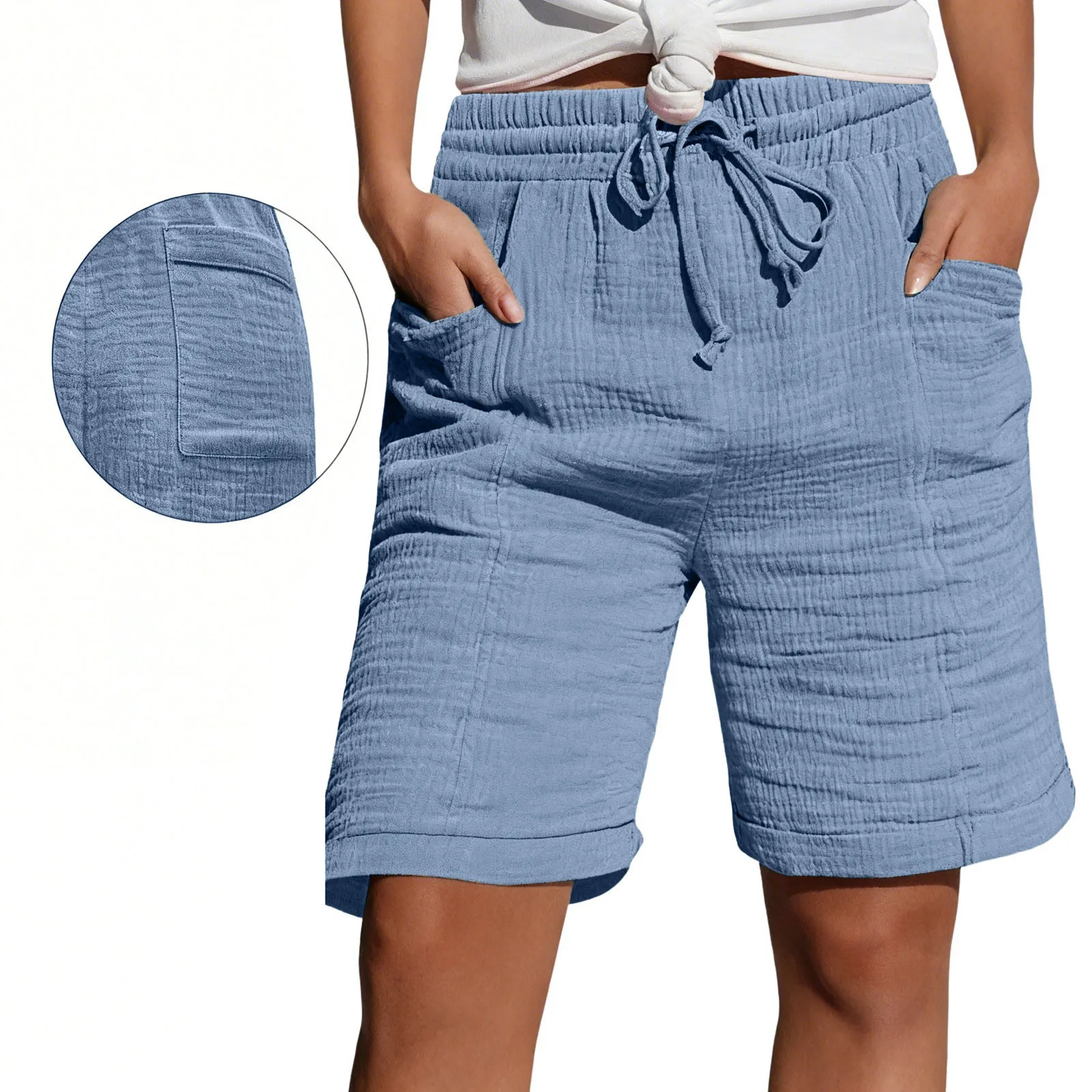 Summer Women's High Waist Tied Pocket Double Layered Pleated Cotton 5-Quarter Shorts European And American Cross-Border