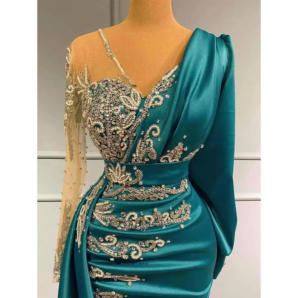 Vestidos de Noche musulmanes de manga larga, vestidos de baile de sirena fruncidos, color verde esmeralda, manchas de cuentas de cristal, Turquía, Dubái árabe