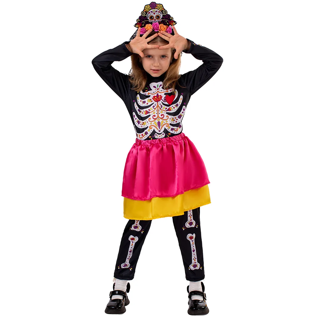 Kids Day of The Dead Cosplay Costume Girl Funny Bodysuit Skirt Set Holiday Party Halloween Carnival Stage Performance Clothes