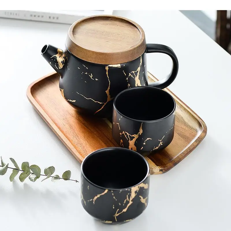 4pcs/sets Marbling Afternoon Tea Set Black Cup Teapot Dessert Tray Ceramics Couple Mug Teaware Sets Kithenware Supplies