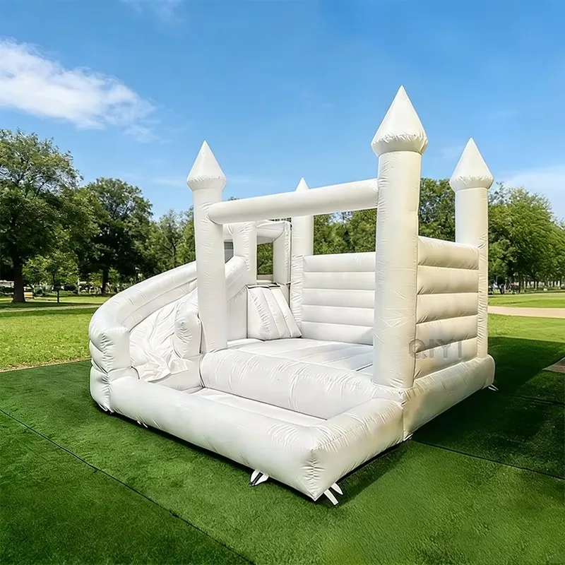 Commercial White Inflatable Castle Bounce House, Safe PVC Bouncer with Slide for Outdoor Backyard Celebration Events