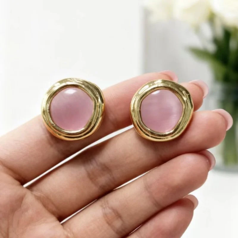 Big Round Pink Opal Stud Earring Female Simple Exaggerated Resin Jewelry Wedding Best Christmas Gift