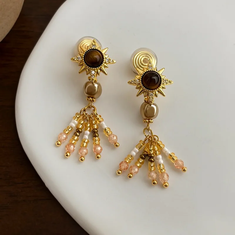 Celestial Golden Sunburst Dark Gem Center High Sparkle Ear Accessory Long Beaded Tassel Dangle Dramatic Glimmering