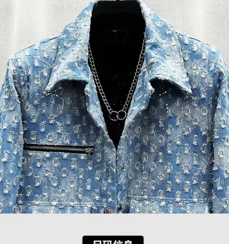 New Arrival Top Fashion Men Casual Denim Jacket retro cargo Single Breasted Cotton Print Turn-down Collar Short sequin Coat