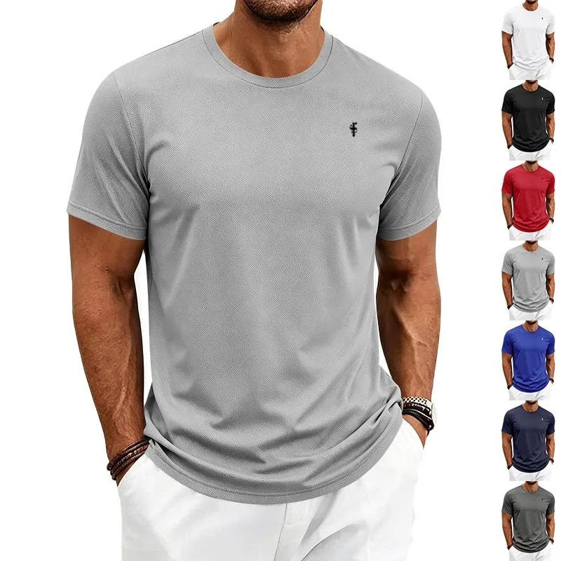 Mens Crew Neck Breathable Mesh Knit Short Sleeve Tee, Small Chest Embroidery Casual Daily Outdoor Sports for Summer Workout Wear