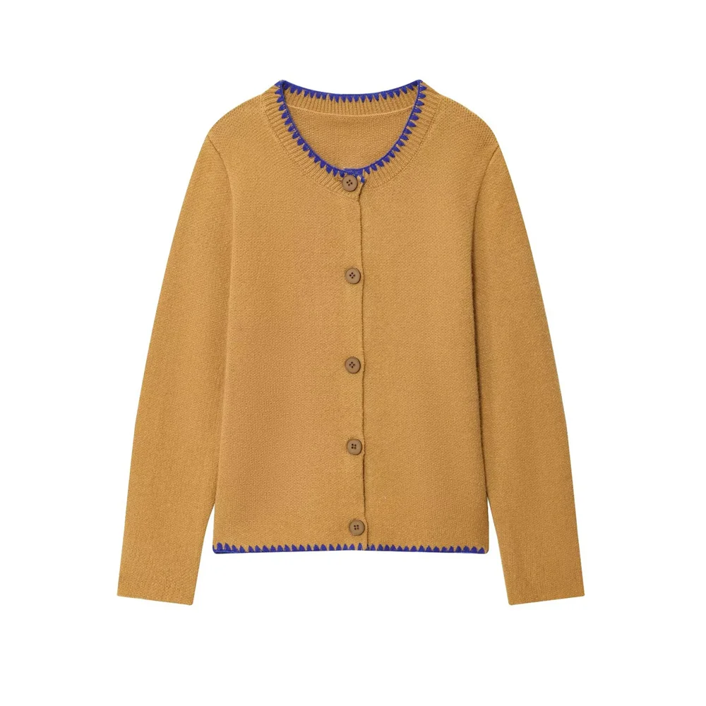 

BMURHMZA Women's New Color Contrast Embroidered Round Neck Single breasted Sweater Flat Needle Knitted cardigan Coat