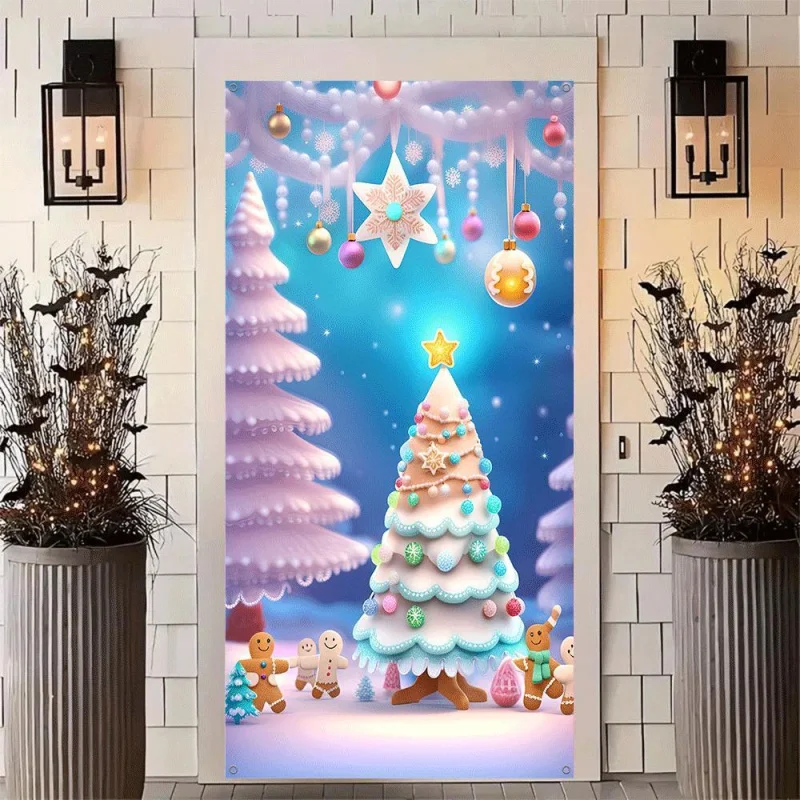 1pc 2D flat door frame Christmas banner curtain, New Year Christmas room party decoration, no power required - zs