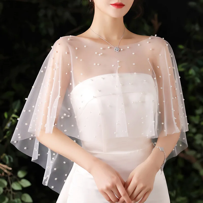 Pearl Beaded Wedding Wrap Sheer Jewel Collar Soft Tulle Front Short Long Back Shawl Marriage Accessories for Women Dress