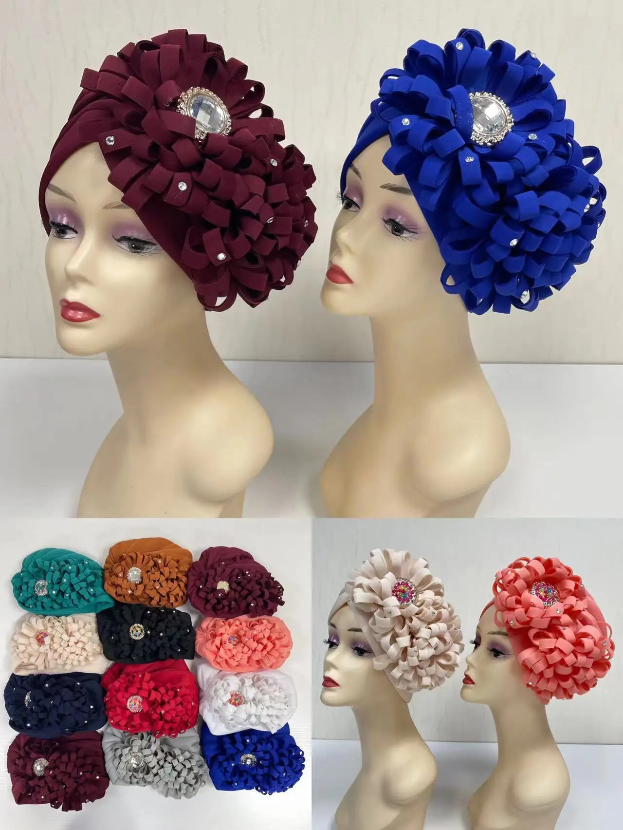 

Turbans for Women Flower Headwrap African Hat Arab Wrap Muslim Scarf Hijabs Hair Aso Oke Auto Gele Readymade 12 Pcs/pack