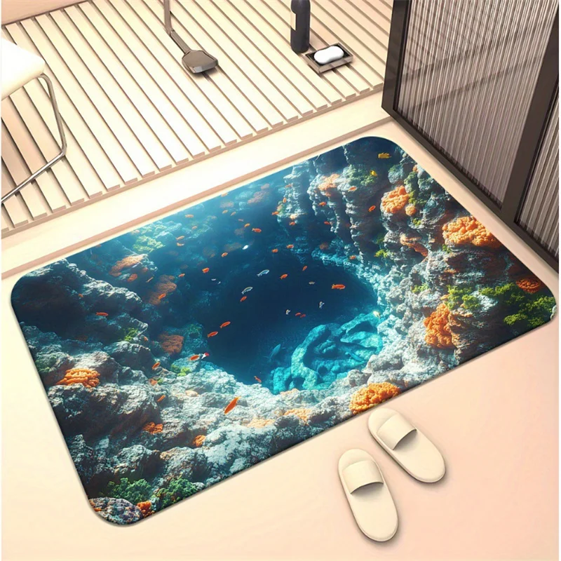 3D Underwater World Crystal Velvet Floor Mat Bathroom Quick Drying Anti-Slip Entrance Mat Water Absorbing Soft Foot Rug