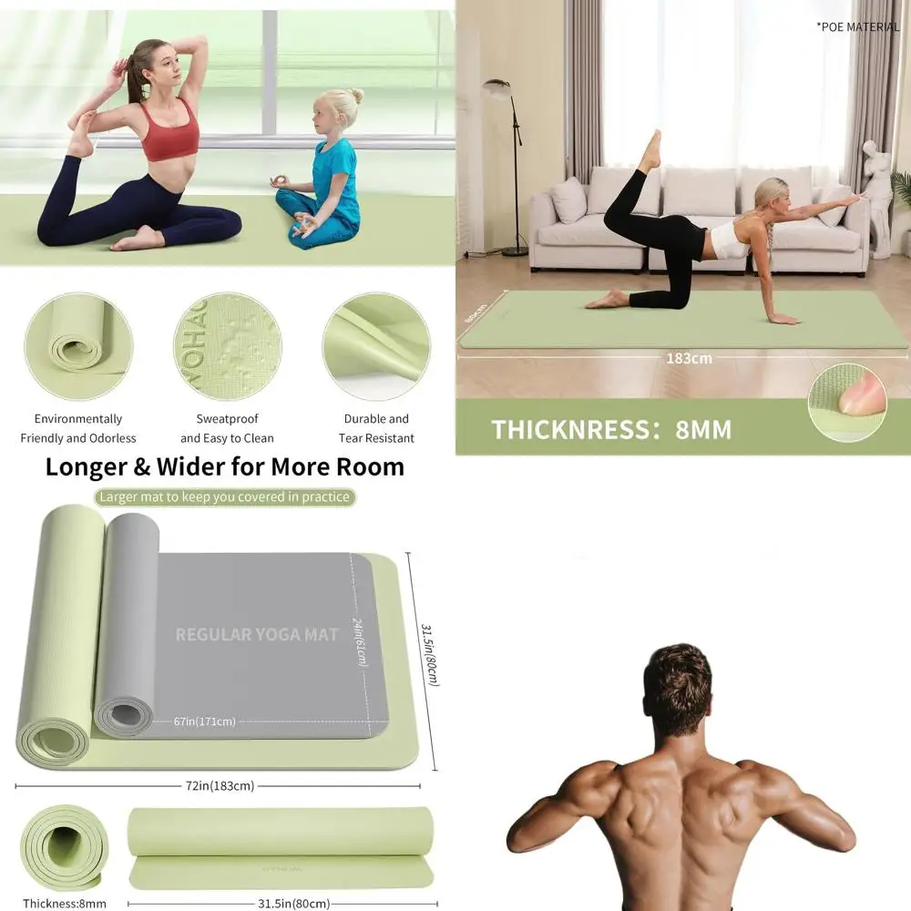 

Экологичный нескользящий коврик для йоги толщиной 8 мм, большой размер 72x32, цвет травяной зелени, с ремнем для переноски, идеально подходит для йоги, пилатеса и домашних тренировок.