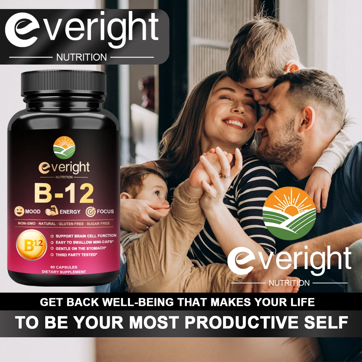 Vitamin B12 - for Mood, Brain, Nervous System, Energy, Metabolism - 3 BioActive B12 Forms 5000 mcg，Non-GMO