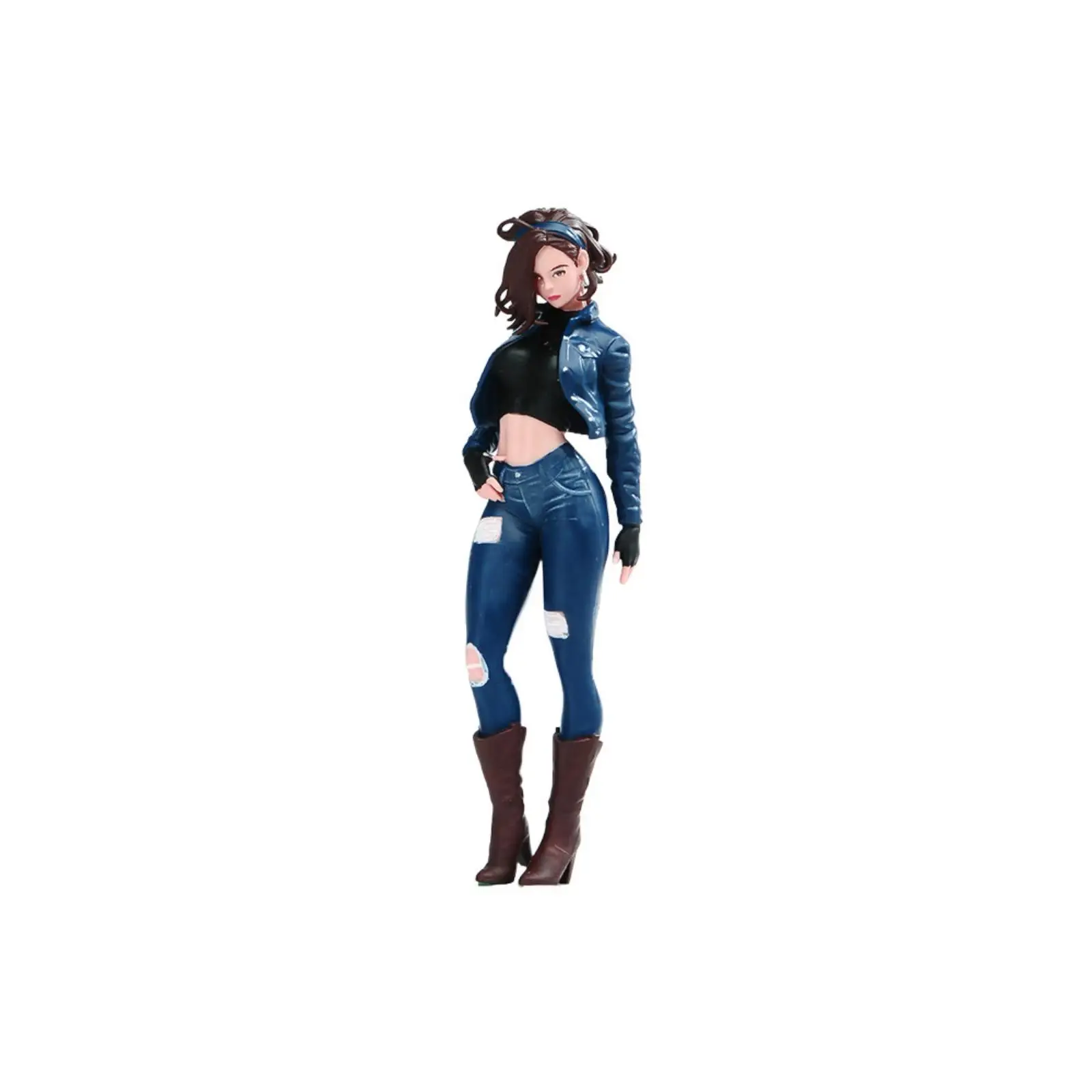 Handcrafted Female Miniature Figurine Resin Doll in Denim Jacket Boots for Dollhouse Display Case Creative Setup