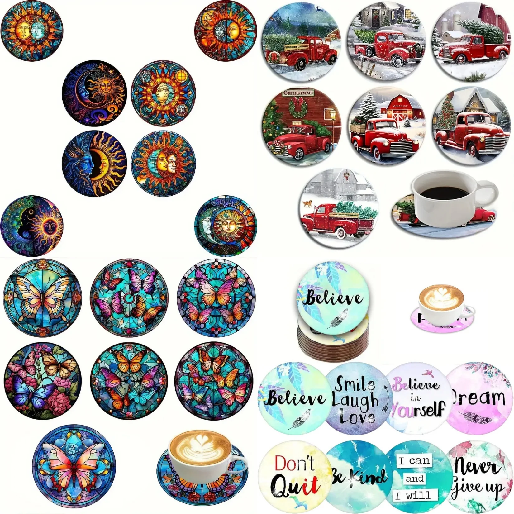 8 Piece Set of Sun and Moon, Car, Inspirational Letter, Butterfly Design Wooden Coaster, Round Drink Mat with Mosaic Stained Gla