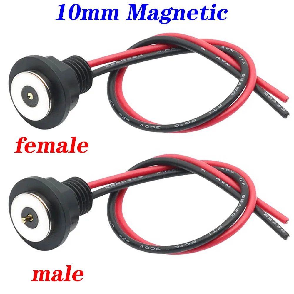 10mm 2A Magnetic Circular PogoPin Connector  Male Female Metal Spring Loaded 1 Pin DC Power Charger 22AWG Wire M12 Threaded