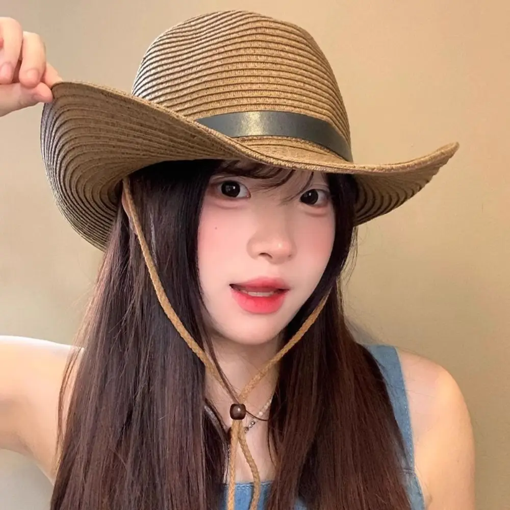 

Vintage Summer Western Cowboy Hat Wide Brim Boho Straw Visor Hat Outdoor Foldable Sun Protection Cap Beach