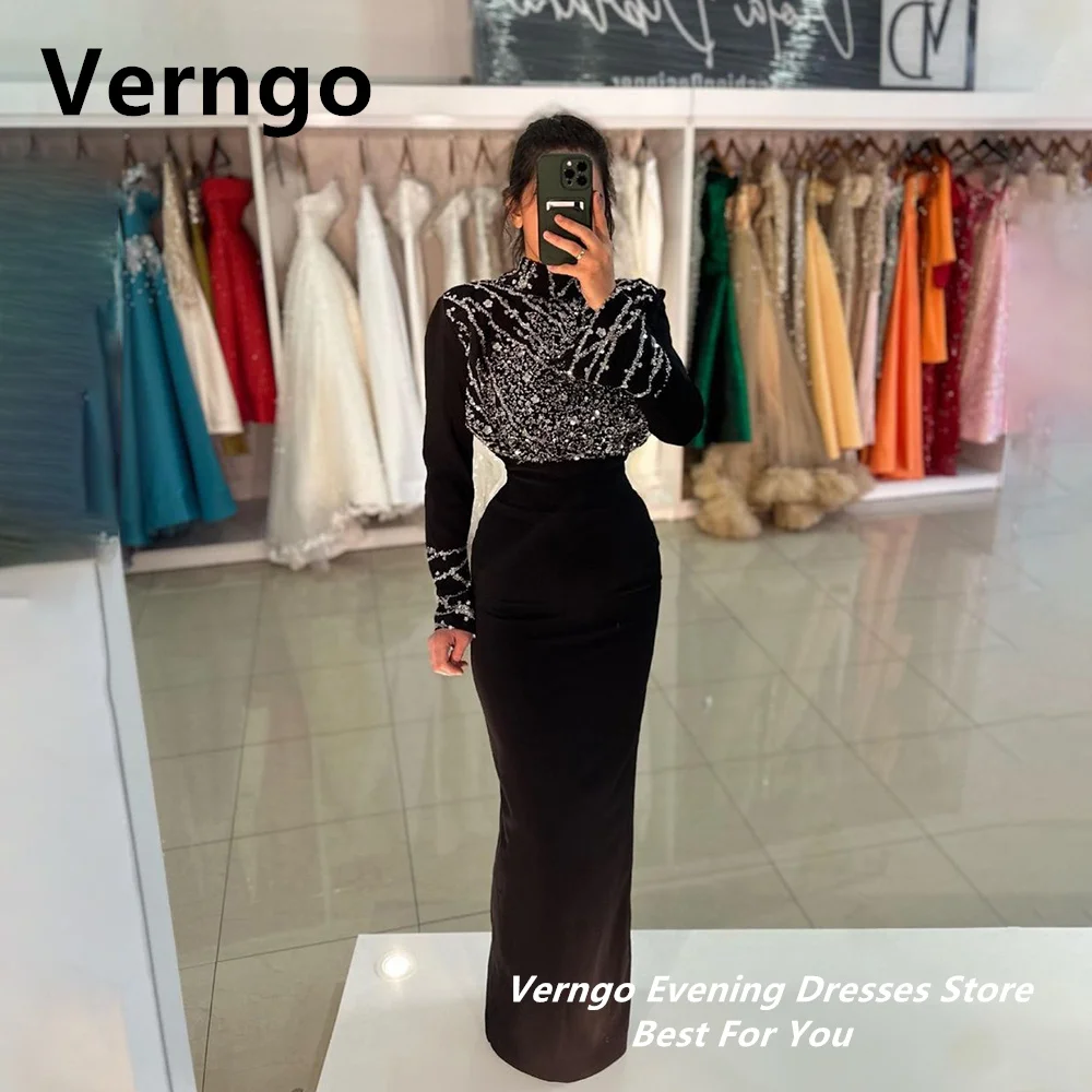 Verngo Sequined Applique Party Dresses Formal Dress High Neck Long Sleeves Dresses For Special Event Saudi Arabic Prom Gowns