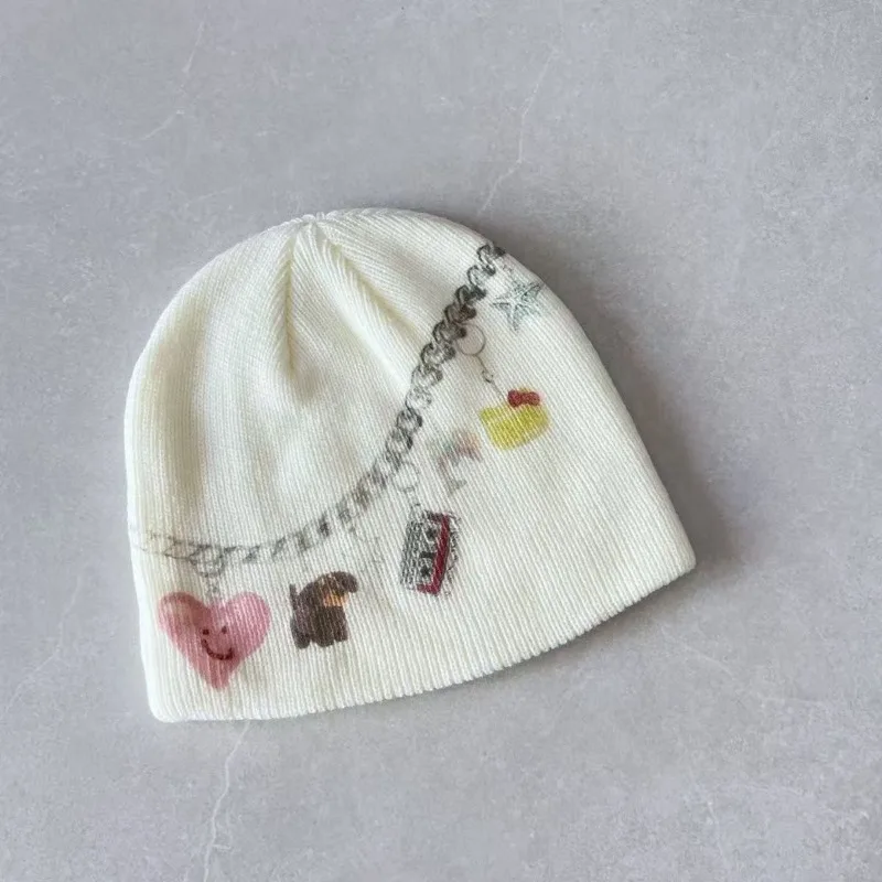 Japanese Subculture Cute Design Knitted Hats Autumn Winter New Kawaii Graffiti Printed Hat Lady Street Sweet Knitted Hat