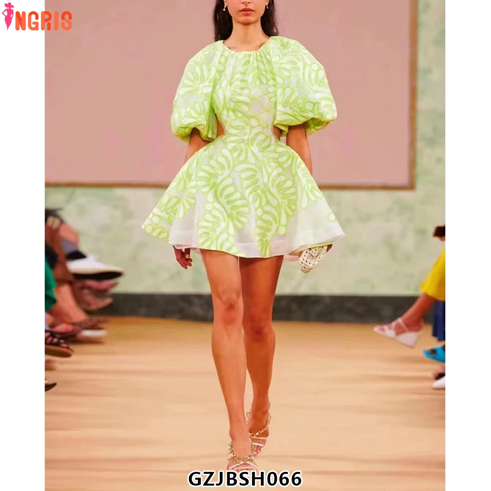 

Catwalk sexy A-line skirt 2025 summer casual new round neck puff sleeve waist-revealing sexy dress-GZJBSH066