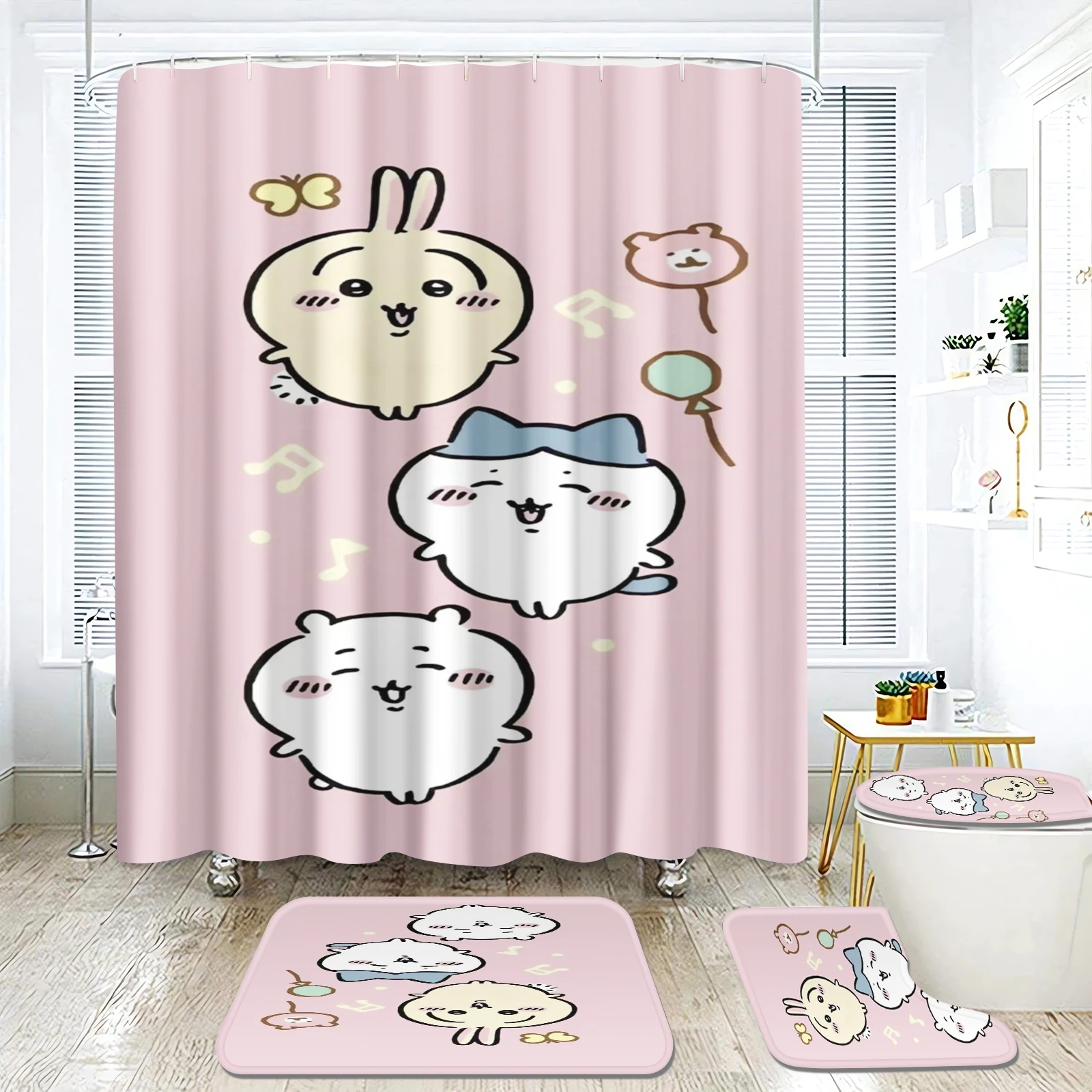 CHIIKAWA Cartoon Animal Mats for Kids, Polyester Set, Cute Bathroom Curtain, Various Sizes, Kawaii Cartoon, Great Gift