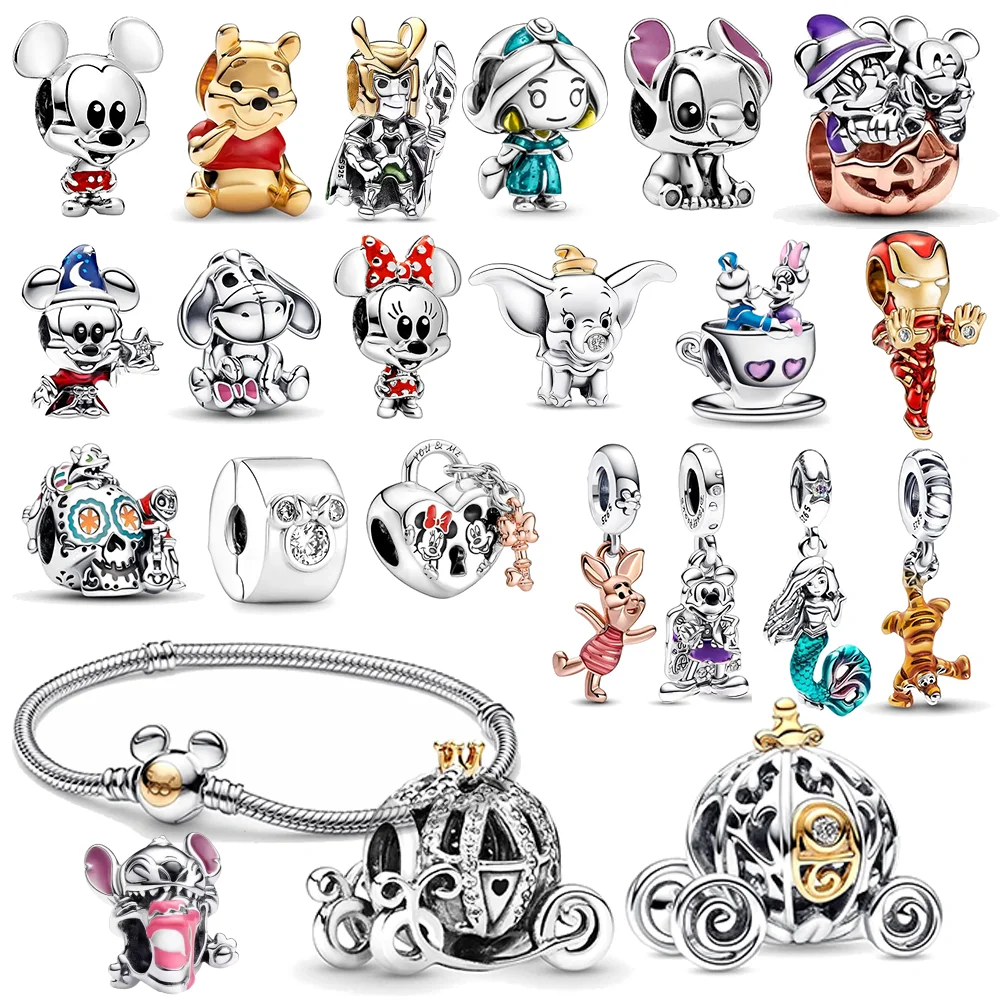 

100th Disney 925 Silver Mickey Dumbo Charm Pumpkin Cart Stitch Beads Fit Original Pandora DIY Minnie Bracelets Charms Jewelry