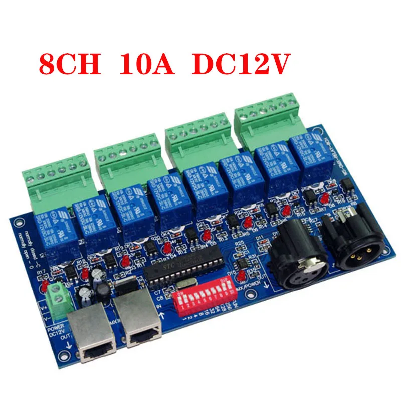 channe dmx512 controlador de decodificador rele dmx dc 12v 8way rele interruptor 10a 8ch led luz controlador ws dmx relay8ch 8 01