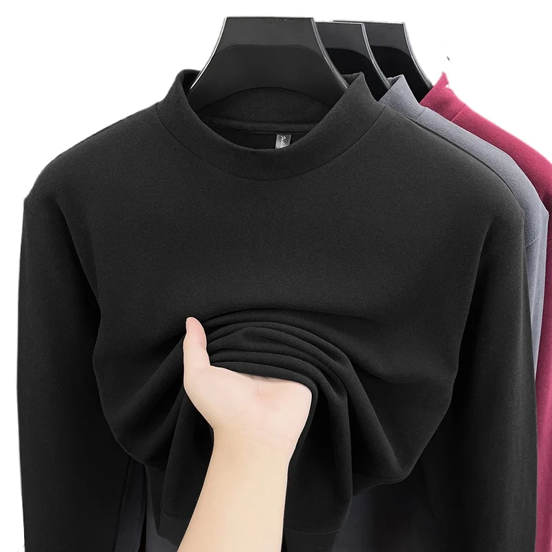 

Men Velvet Warm Tops Thermal Underwear Tops Half-high Collar Long-sleeved Bottoming Shirt Fleece Pullover Autumn Elasticity Tee
