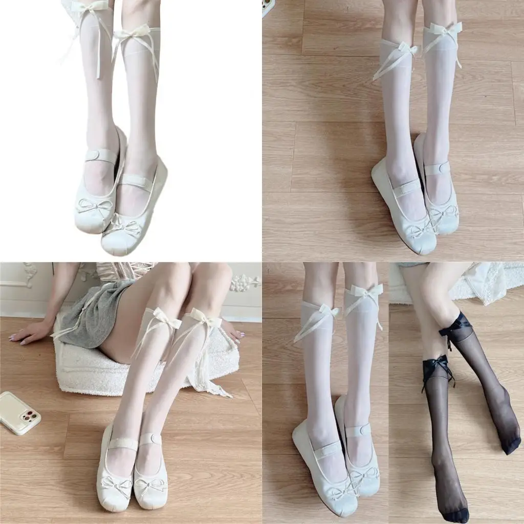 

L5YC Women Knee Highs Socks Student Girl Stocking Bows Calf Socks Sheer Silk Stocking