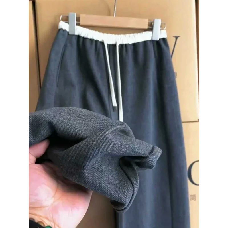 رمادي المرقعة الرباط عالية الخصر بنطال ذو قصة أرجل واسعة المرأة الربيع الصيف فلوي منحني هيم بنطلون