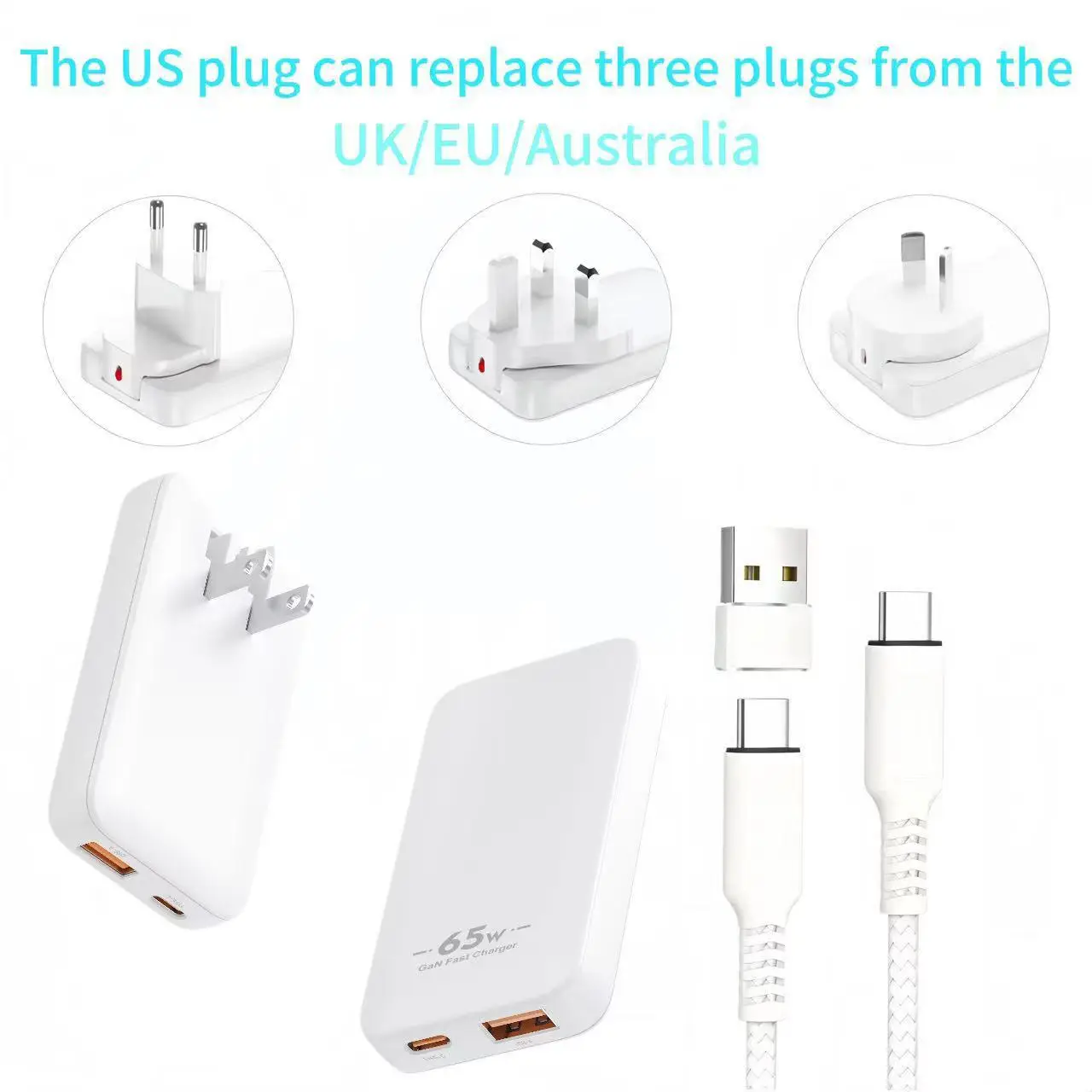 

Тонкое зарядное устройство GaN мощностью 65 Вт с 3 вилками Великобритании/ЕС/Австралии, 2-портовый адаптер питания для MacBook Air/Pro, iPhone 17/16/15, iPad, Galaxy S25/S24