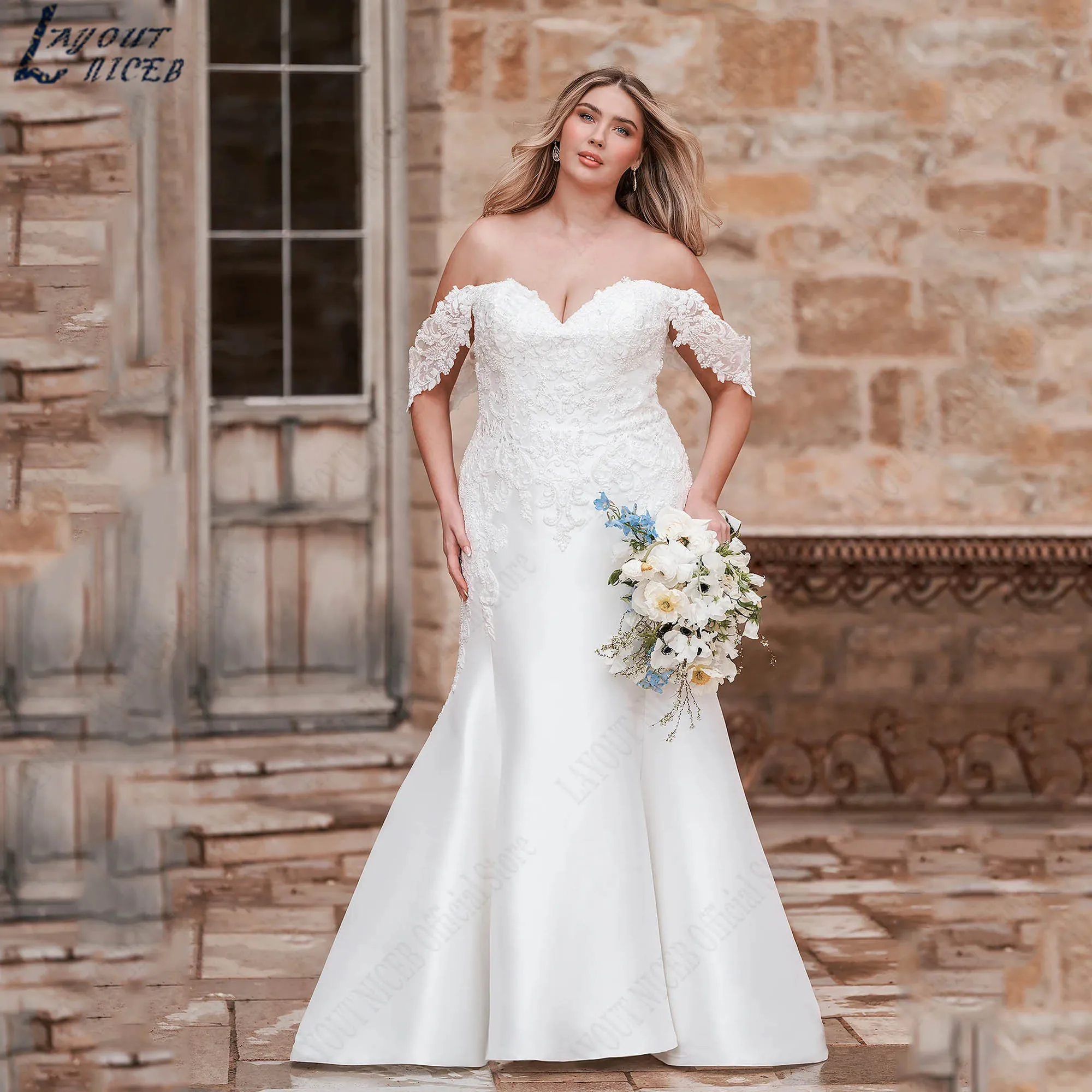 Mermaid Appliques Curvy Wedding Dress Gorgeous Off Shoulder Satin Bridal Gowns Sweetheart Plus Size vestidos de novia Customized