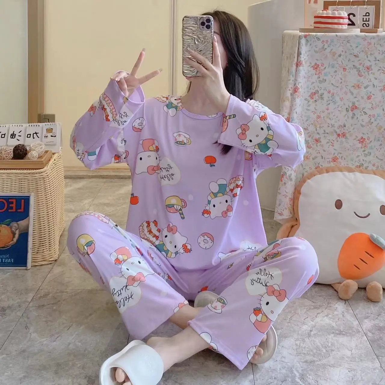 Two Pcs Set Spring and Autumn Long-Sleeved Pajamas Girl Cartoon New Long-sleeved Cute Students Can Wear Thin Loungewear