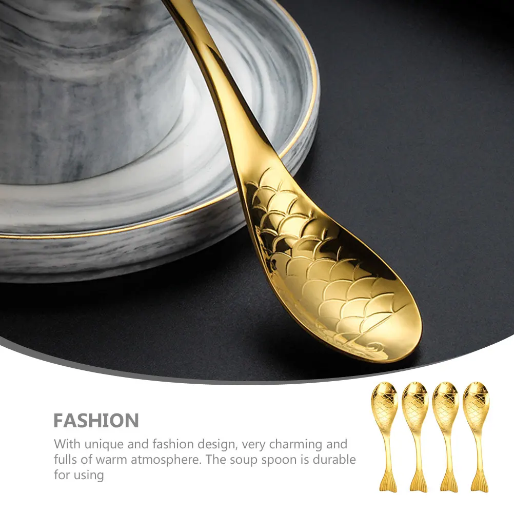 

4Pcs Fish Shaped Metal Soup Spoons Smooth Handle Cooking Serving Porridge Dessert Supplies Metal Spoon