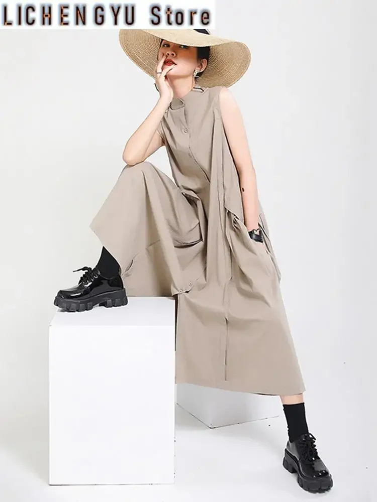 

Women Khaki Split Pleated Long Dress New Stand Collar Sleeveless Loose Fit Fashion Tide Spring Summer