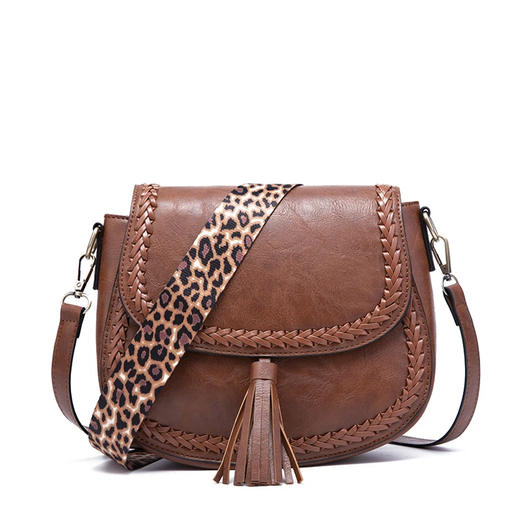 Woven leopard print shoulder strap flip retro crossbody bag