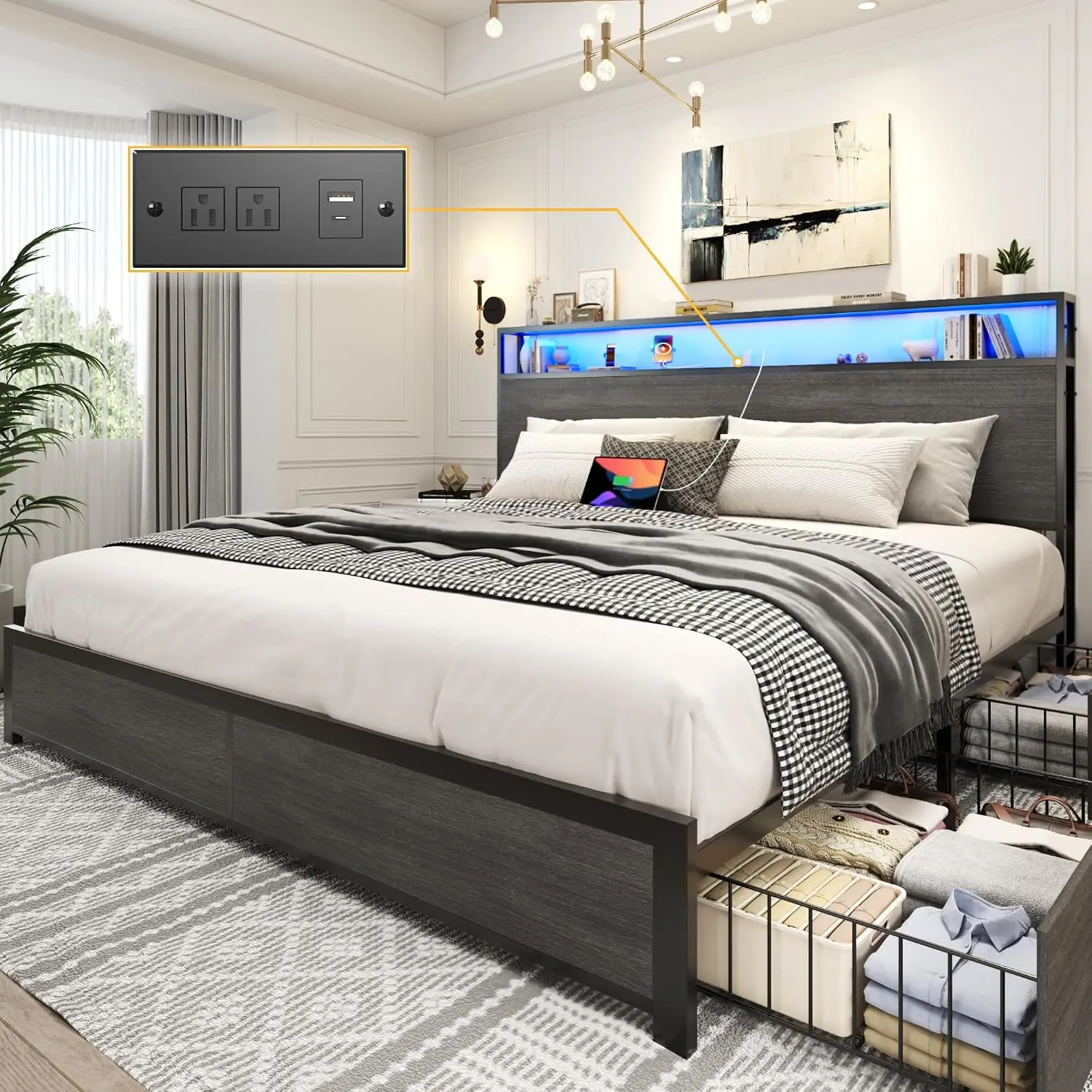 Grey Metal Platform Bed With Storage Headboard, 4 Drawers, Charging Station & LED, Noise-Free, No Box Spring, Customized