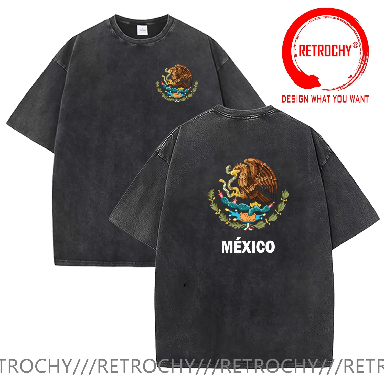 Vintage Washed Cotton T-Shirt Funny Designer Arm of Coat Mexico T Shirt Men Fashion Trendy Casual Clothing Stylish Tops Tees