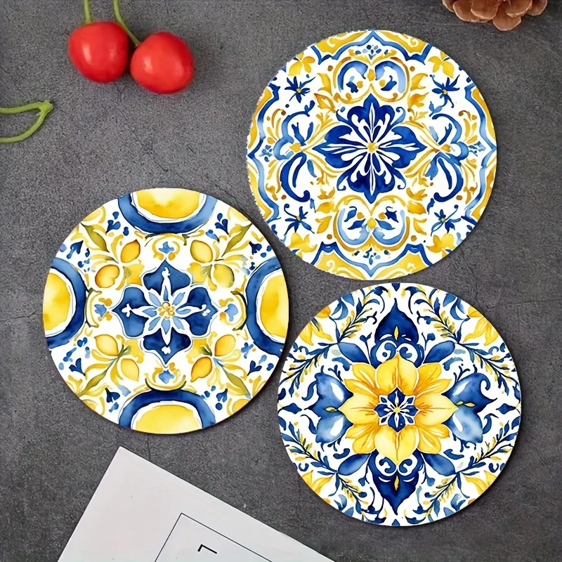 2D Mediterranean Watercolor Lemon 8PCS  Wooden Coaster Set Car Cup Mat Tea Cup Mat Coffee Beverage Dining Housewarming Gifts