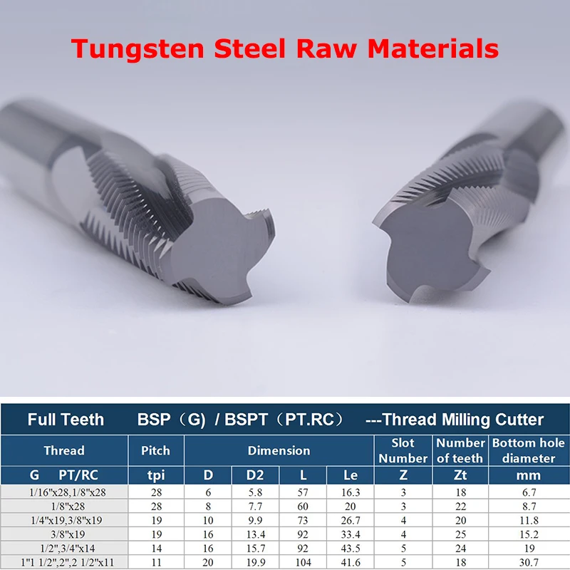 YZH Thread Milling Cutter BSP（G）（PT/RC） HRC60 Full Tooth Inch Pitch CNC For Steel Aluminum 1/16 1/8 1/4 3/8 1/2 3/4 1/2 byYZ