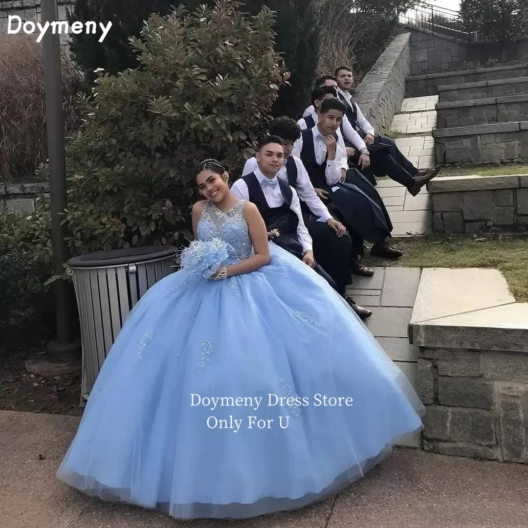 Doymeny Apliques frisada Quinceanera Vestidos, até o chão princesa vestido de baile, sem mangas Prom Vestidos