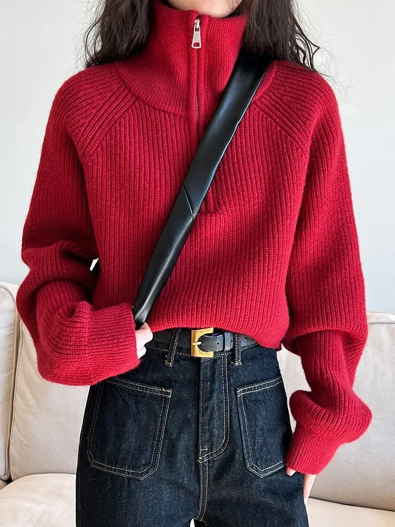 Cárdigan básico rojo de gran tamaño para mujer, jerséis de cuello alto con cremallera, Top de punto para mujer, suéteres holgados cálidos y suaves para niña