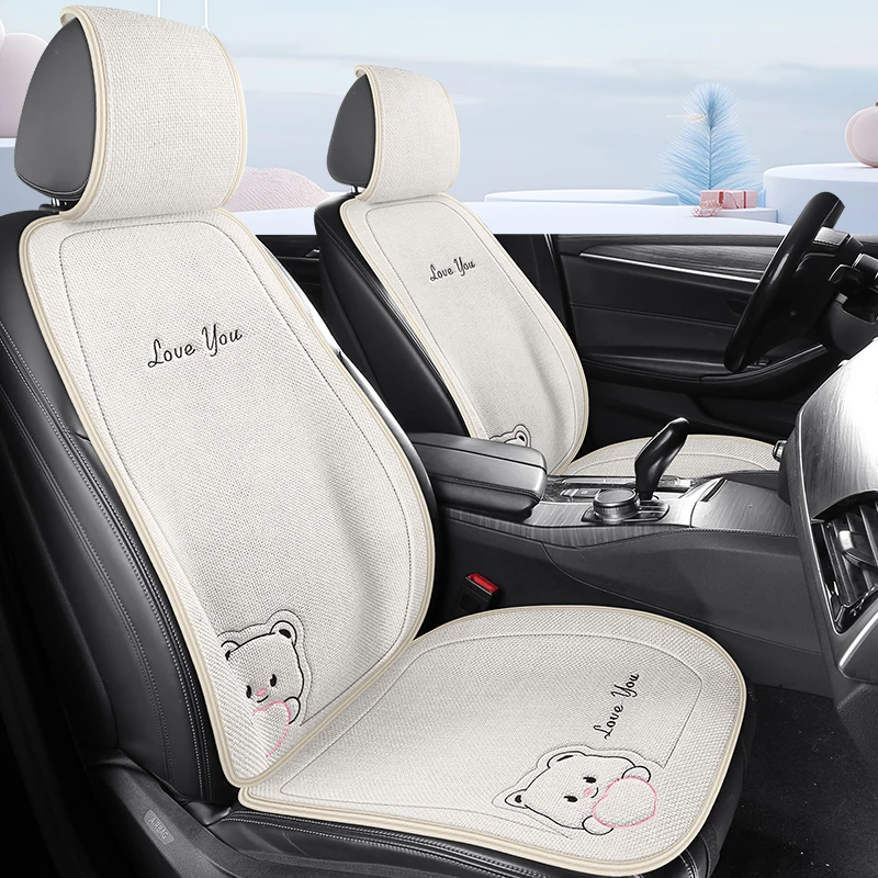 وسادة مقعد سيارة جميلة على شكل دب للمقعد الأمامي مصنوعة من قماش الكتان الناعم والمسامي لجميع المواسم تناسب معظم السيارات #2