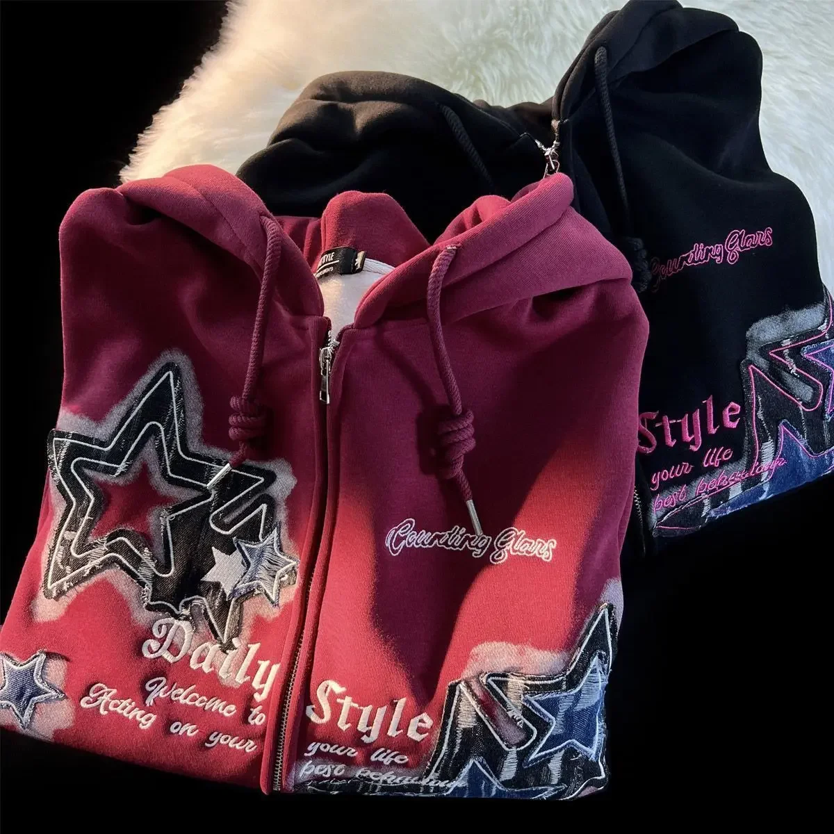 Men Women Autumn Winter Loose Tide Brand Couple Hooded Zip Jacket Harajuku Y2k Aesthetic Star Print Cardigan Zip Up Sweatshirt